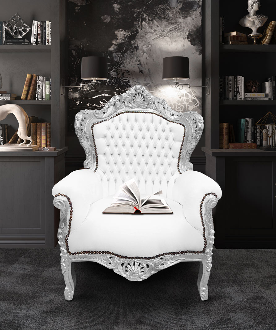 grand fauteuil de style baroque simili cuir blanc et bois argenté Royal Art Palace